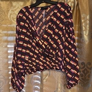 Printed Wrap-Front Blouse in Burgundy and Pink